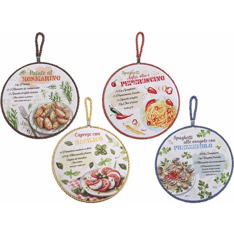 Dessous-de-plat de cuisine en céramique imprimé recettes, base en liège et cordon de suspension, lot de 8, diam. 19