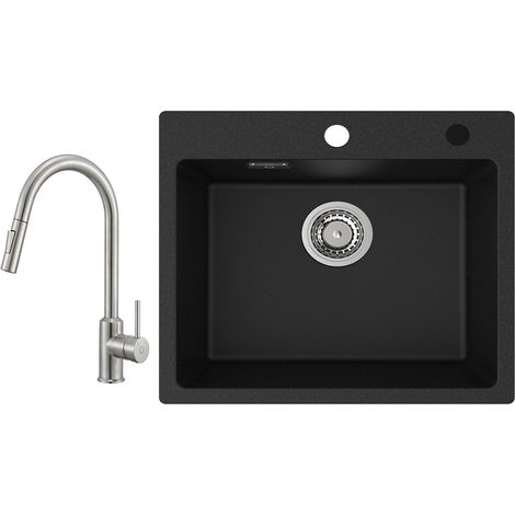 Cecipa Evier 1 Bac Quartz Noir 50x45cm Evier de Cuisine en Quartz Evier de Cuisine en Granit + Mitigeur de Cuisine avec Douchette Extractible - 2 Modes de Sortie D'eau (1/5)