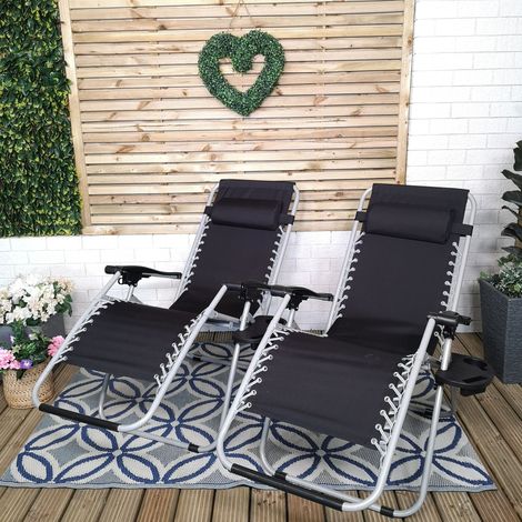 Set of 2 Multi Position Garden Zero Gravity Relaxer Chair Sun Lounger in Black & Silver (1/5)