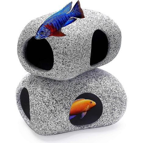Lot de 2 roches décoratives pour aquarium, idéales pour la reproduction, le jeu et le repos des animaux aquatiques. Ornements d'aquarium sûrs et non toxiques, roches décoratives en céramique pour bett (1/2)
