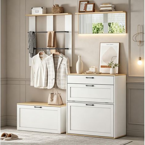 Armadio modulare da ingresso 156x36x176 cm con specchio, scarpiera, struttura in metallo, legno bianco (1/5)