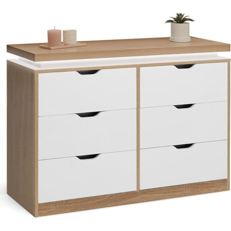 Idmarket – Commode enfant 6 tiroirs 115 cm – Largeur 40 cm – Hauteur 80 cm – Panneau de particules blanc effet bois – Bandeau lumineux à LEDs (1/5)