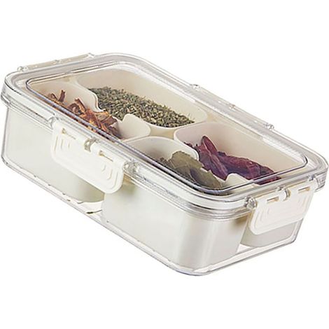 Boîte de rangement à épices portable, anti-poussière, de qualité alimentaire, avec 4 compartiments pour assaisonnements, idéale pour la cuisine. (1/5)