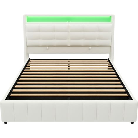 Letto a piattaforma imbottito 160x200 cm con LED, USB e vano contenitore sottoletto, bianco MODENUIT (1/5)