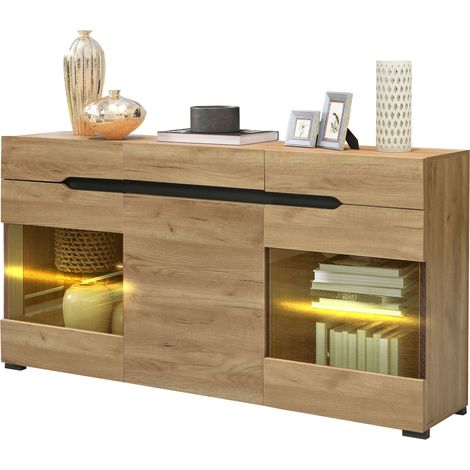 Vitrine LED avec portes acryliques et 3 étagères en verre trempé, buffet design moderne pour salon, rangement 140 x 35 x 80 cm, bois clair  CHICFURN (1/5)