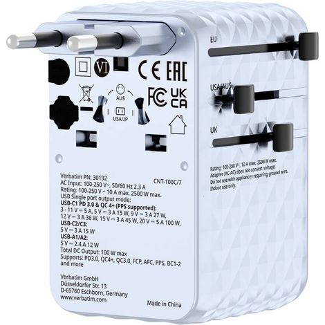Adaptateur de voyage Verbatim Charge 'n' Travel 100W USB-C USB-A (1/4)