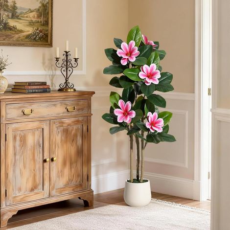 Arbre Ficus Faux 122 cm  Plante Artificielle Intérieur Feuilles Toucher Réel & Troncs Multiples  Pot Fausse Plante avec Fleurs Blanches pour Décoration Maison Bureau Salon (1/5)