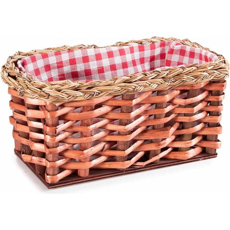 Cestini in legno intrecciato con stoffa interna a quadretti, set da 6 pezzi, cm 24,5 x 13 x 11 H
