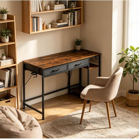 Schreibtisch aus Holzwerkstoff und Metall 120 cm rustikalbraun mit 2 Stoffschubladen und Ladestation (1/5)