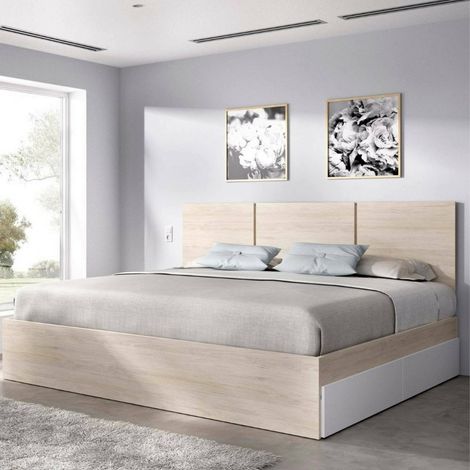 Dmora - Cama doble Fadner, Sommier para dormitorio, Estructura de cama por habitación, Estructura del sostenedor del colchón, 166x205 h96 cm, Blanco y Roble (1/4)