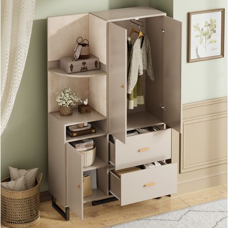 Armario recibidor 110x38x186 cm beige y gris en MDF con paneles acolchados, cajones y zapatero (1/5)
