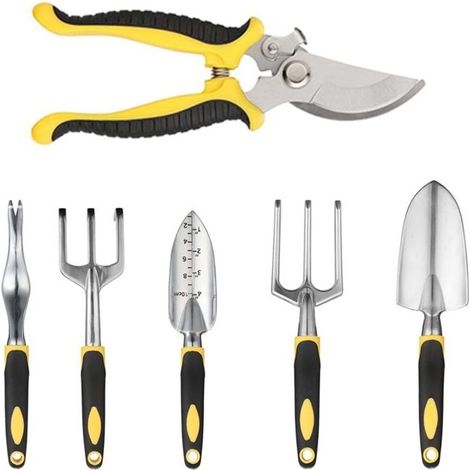 Outils de jardinage polyvalents – Pelle à main, sécateur, binette, râteau, transplanter et désherbeur dans un set portable de 6 pièces, couleur jaune (1/5)