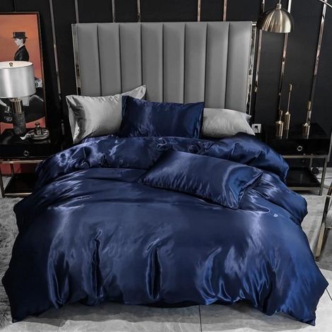 Housse de Couette 200 x 230 cm + 2 Taies d'oreiller 5070cm Soie comme Le Satin Parure de Lit 2 Personnes - Bleu (1/4)