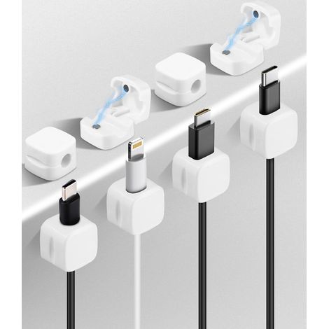 Lot de 8 supports magnétiques pour câbles, clips adhésifs, organiseur de fils pour bureau, table de nuit, chargeurs (Blanc) (1/5)