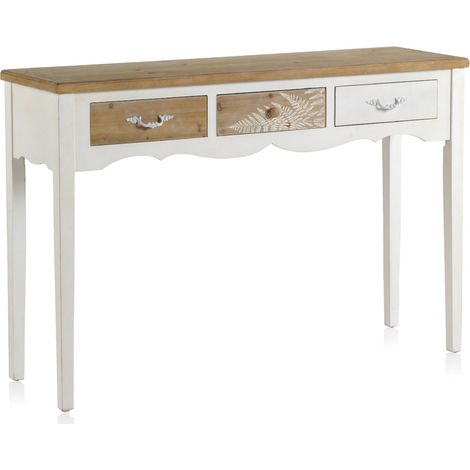 Console blanche bois naturel 3 tiroirs style urbain élégant - Blanc et bois naturel clair