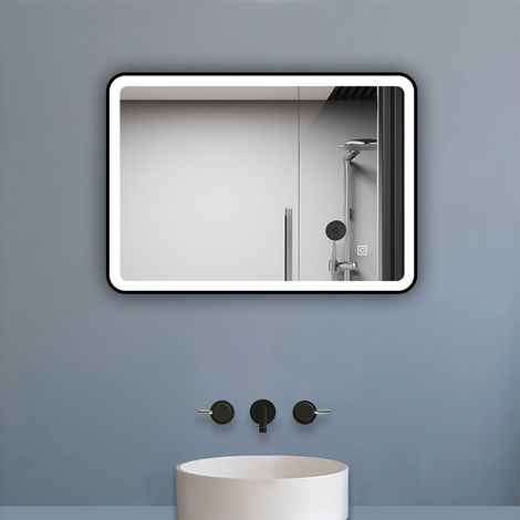 Aica Miroir de salle de bain LED 80x60cm avec cadre noir, tricolore + anti-buée + mémoire + gradation infinie