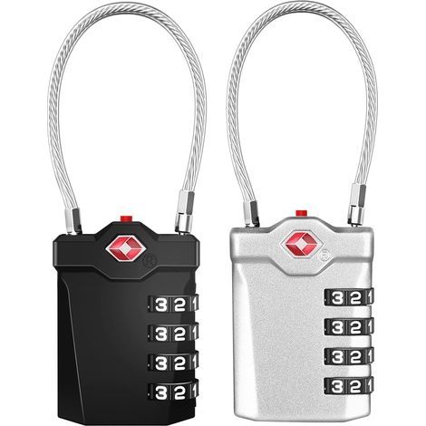 Suitcase Lock, TSA 4-Digit Combination Lock with Opening Alarm, Travel Luggage Locks with Flexible Cable (2 Pieces, Black and Silver) (1/5)