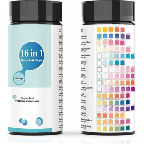 Kits de Analyse de l'Eau de Piscine, 100 Bandelettes 16 en 1, Kits de Test d'Eau pour Eau Potable et Puits, Bandelettes de Test d'Eau avec Dureté, PH, Plomb, Fer, Cuivre, Chlore, et Plus Encor (1/5)