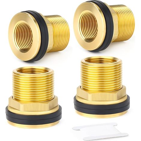 4 pièces raccord de cloison en Laiton pour réservoir d'eau, 1/2" BSP mâle - 3/8" BSP Femelle Raccord fileté avec 2 Joints en Caoutchouc pour citernes pluviales, Aquariums, baignoires (1/5)