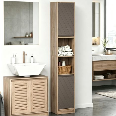 Colonne de rangement salle de bain 30x24x170 cm gris et chêne en MDF et panneaux de particules avec étagères réglables (1/5)