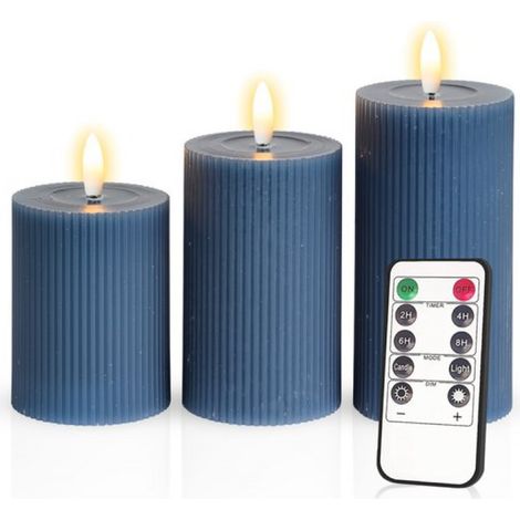 – Lot de 3 bougies piliers LED côtelées – Bleues – Bougies piliers en cire véritable – Bougies LED – Hauteur : 10 / 12,5 / 15 cm – Avec télécommande – Minuterie 2/4/6/8 heures – Intensité réglable (1/5)