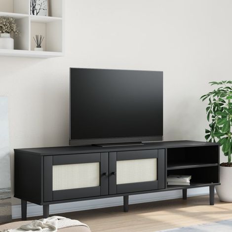Meuble TV-Banc TV-Meuble Télé SENJA aspect rotin noir 158x40x49cm bois massif pin 848985 (1/5)