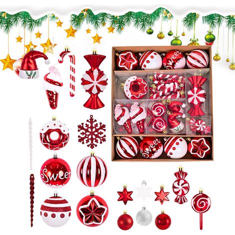 Boules De Sapin De Noël Accessoires De Fête Suspendus Incassables Rouge Et Ensemble D'Ornements De Boules De Noël Pour Fenêtre Chambre Manteau De Cheminée Cuisine Vacances D'Hiver (1/5)