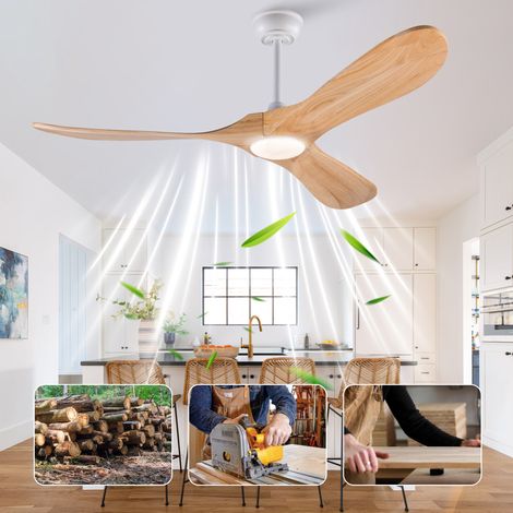 Ventilatore da soffitto 52 pollici, 3 velocità, luce LED regolabile, motore DC reversibile, legno massello naturale bianco (1/5)