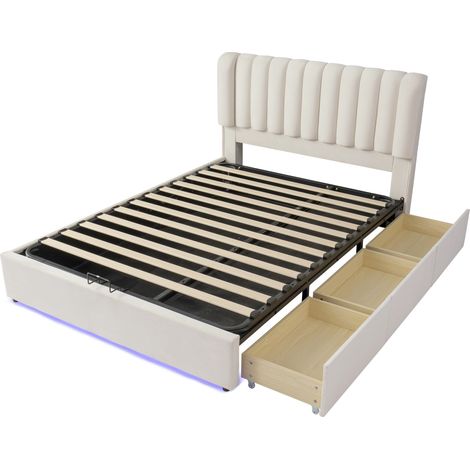Cama infantil con canapé de terciopelo beige 140 x 200 cm con 3 cajones y LED (1/5)