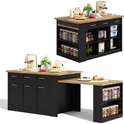 Îlot central de cuisine extensible Noir,Desserte Cuisine avec 3 tiroirs,plan de travail,sur roulettes,150x90x90cm (1/5)