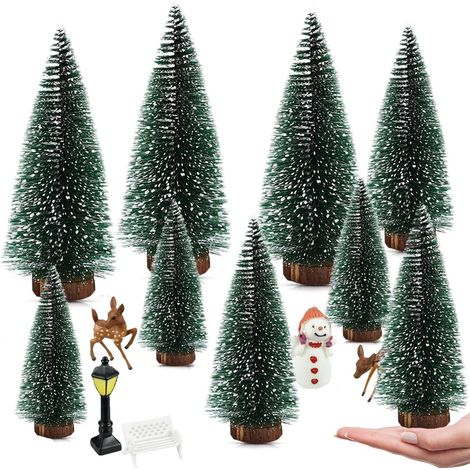 Mini Sisal Neige Givre Arbres De Noël, Arbre de Noël Mminiature, Sapin De Noël avec Base en Bois, Mini Sapin avec Effet Neige, pour décorationl, décoration de Table, vitrine, 9 Pièces (1/5)