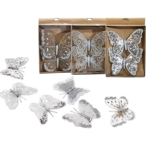 Farfalla argento addobbi decorazioni per albero di natale 6pz ornamenti casa negozi vetrine particolari moderno o vintage 18 cm (1/5)