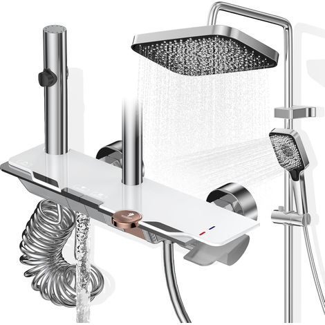 Colonne de Douche avec Mitigeur, Ensemble Douche Tête Pluie XXL 31,5cm, Panneau Commande Piano 4 Fonctions, Hauteur Réglable 83-110cm, pour Baignoire et Salle de Bain - Blanc (1/5)