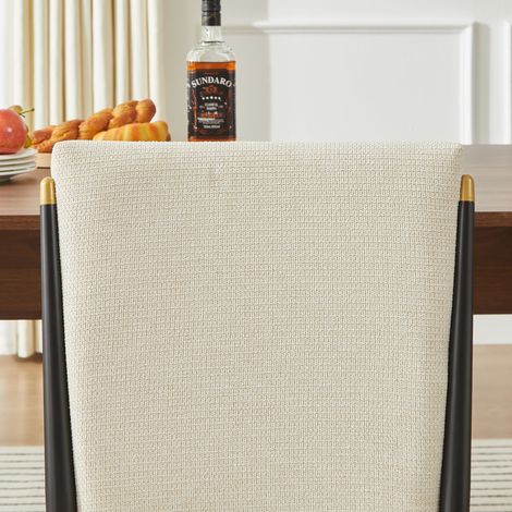 Set de 2 chaises de salle à manger modernes, style scandinave minimaliste, piètement noir et or, assise rembourrée en tissu crème pour table repas (1/5)