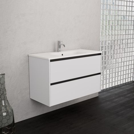 Inda - Badezimmerschrank 2 Schubladen B.100 mit mattiertem Waschbecken / Hochglanzweiß - Smeraldo (1/5)
