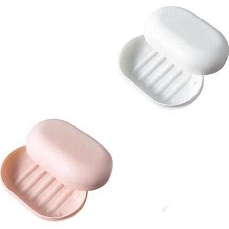 Jabonera，Caja de jabón con tapa，Soportes para jabón，Accesorios de baño，para vacaciones y viajes，plástico，blanco y rosa，2 piezas，11 x 7,3 x 3,7 cm (1/5)
