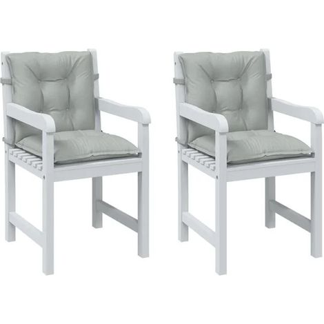 Un ensemble de deux coussins de chaise à dossier bas, de couleur gris clair et de nuances assorties. (1/5)