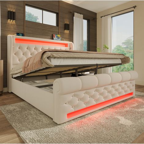 Letto matrimoniale 160x200 cm beige in velluto con LED, contenitore idraulico e materasso (1/5)