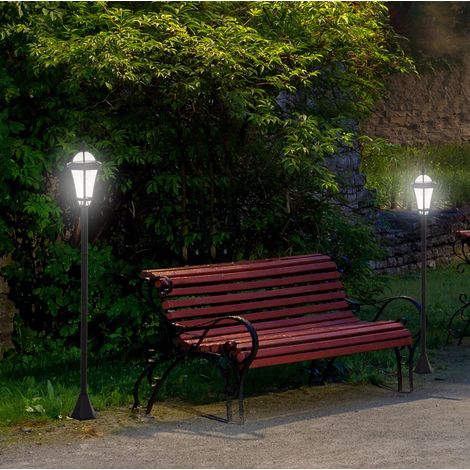 Lote de 2 farolas solares LED, IP44, ABS y acero inoxidable, Ø18,5 x H129 cm, negras (1/5)