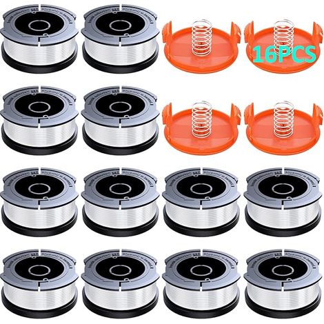 Carrete de hilo para desbrozadora compatible con Black & Decker, 1,65 mm de diámetro con 10 m de hilo. Contiene 12 carretes de repuesto, 4 tapas de repuesto para los carretes y 4 resortes de repuesto. (1/5)