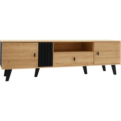 ELVMI Meuble TV avec 2 Portes, 1 Tiroir et 1 Niche, pour Salon, en Verre et Panneaux de Particules, Naturel (1/4)