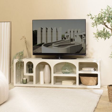 HELENA - Meuble TV 7 niches 160x40cm en bois peint couleur beige (1/5)