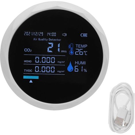 CO2-Monitor 7-in-1 Intelligenter Luftqualitätsmonitor mit Temperatur-, Feuchtigkeits- und TVOC-Messung (Kohlendioxid), Weiß