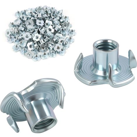 100 pcs Écrous à Griffes M6 x 9 mm, Écrous en T en Acier Carbone Zingué Antirouille, Écrou Fileté en T M6 en Acier avec 4 Griffes pour Bois et Plastique, Fixation, Meubles, Projets DIY (1/5)
