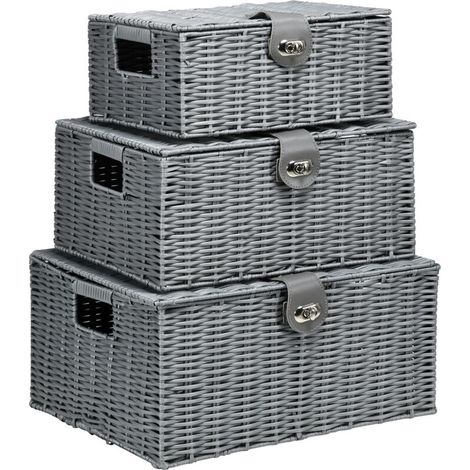 Ensemble de 3 paniers de rangement en rotin PE avec fermoir et poignées de transport, 35,5 cm x 28,5 cm x 18 cm, gris
