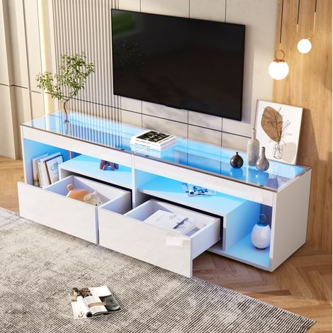 Meuble TV LED haute brillance 180 x 40 x 46,5 cm avec 2 tiroirs, blanc DESVIAE (1/5)
