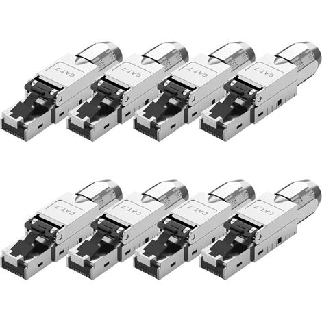 Packung mit 8 werkzeuglosen CAT 7 RJ45-Netzwerksteckern für LAN-Kabel, vollständig geschirmt, STP, 10 Gbit/s, kompatibel mit Cat 7-Kabeln, CAT 7 LAN-Stecker für Ethernet, AWG 22–24