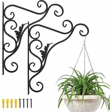 Support Plante Mural Balcon, Lot de 2 Rétro Européen Forme de Feuille, Crochet de Suspension en Fer Forgé, pour Lanternes à Paniers avec Vis, Décor Extérieur pour Balcon de Jardin - Noir Peint (1/5)