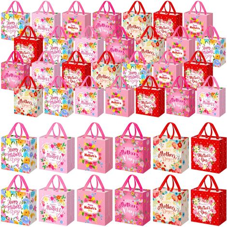 Lot de 24 sacs cadeaux réutilisables à motifs floraux avec poignées, grande capacité pour bonbons, friandises, cadeaux d'invités, 29 x 27 x 12 cm, rose. Idéal pour la fête des mères. Dimensions : 29 x (1/5)