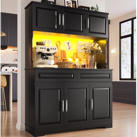 Aparador alto de cocina MDF y metal negro 108x40x180 cm con estantes ajustables, encimera y LED con control por app (1/5)